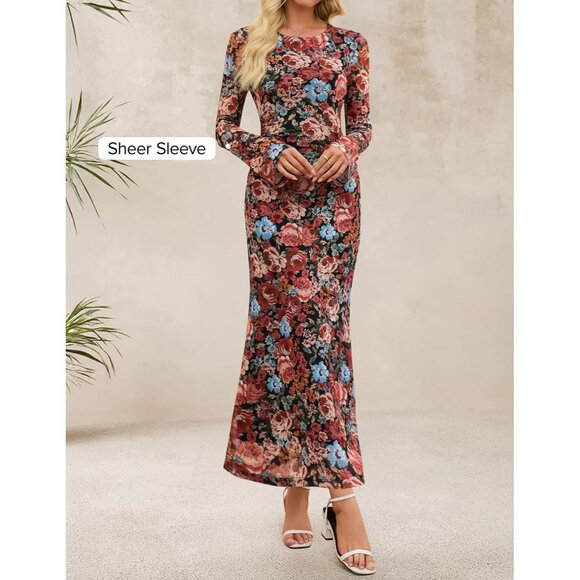 Zesica Women's Floral Black Ruched Mesh Long Sleeve Floral Bodycon Dress - Picture 2 of 5